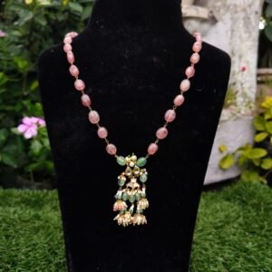 Pink Beaded Kundan Jhumka Drop Necklace