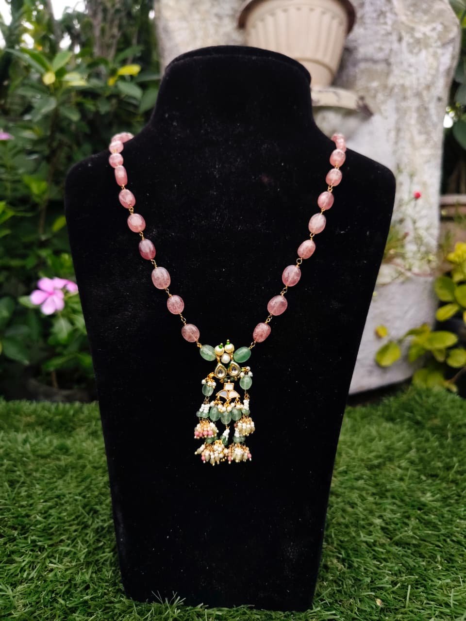 Pink Beaded Kundan Jhumka Drop Necklace