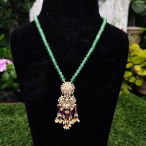 Emerald Green Beaded Kundan Drop Pendant Necklace for Women