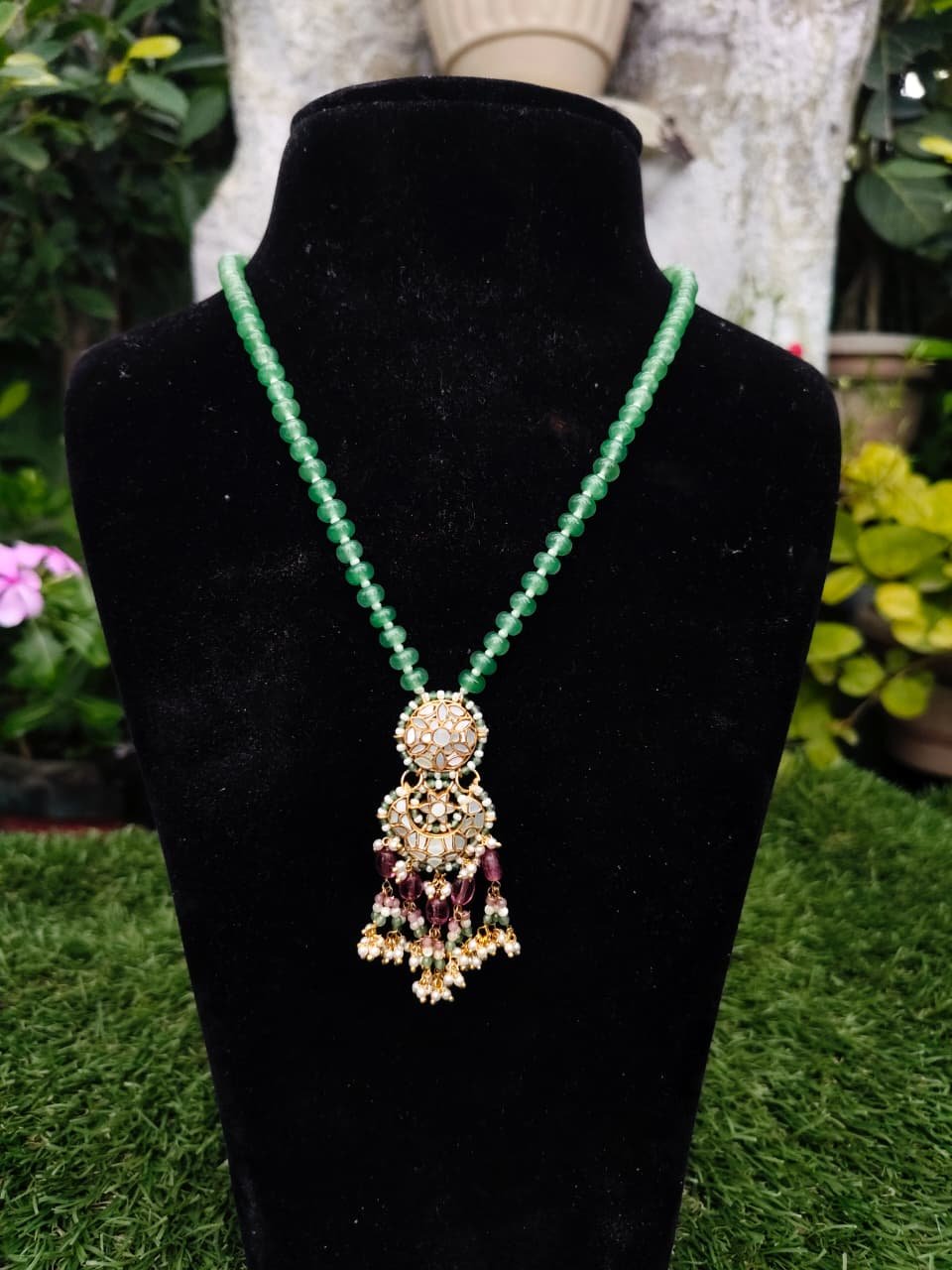 Emerald Green Beaded Kundan Drop Pendant Necklace for Women